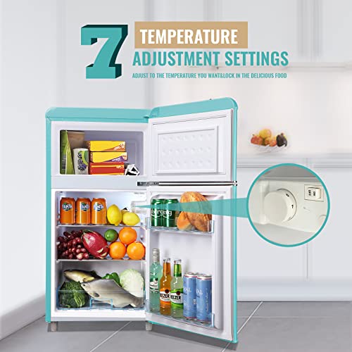 WANAI Compact Mini Refrigerator 3.2 Cu.Ft Small Refrigerator with Freezer, Retro Mini Fridge with Dual Door,7 Adjustable Thermostat