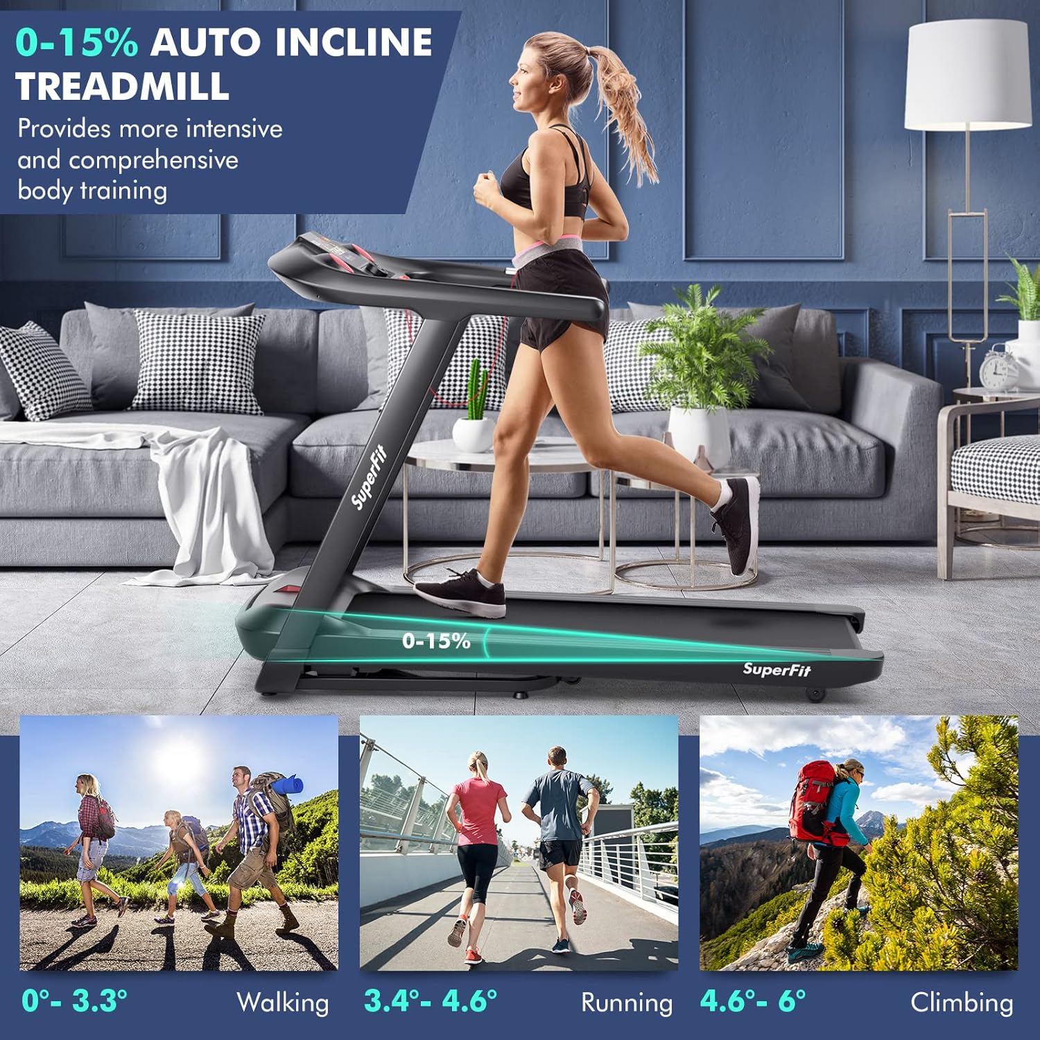 Goplus 4.75HP Folding Treadmill with 15% Auto Incline, Electric Superfit Treadmill w/Voice and APP Control, 20 Preset Programs, LED Touch Screen