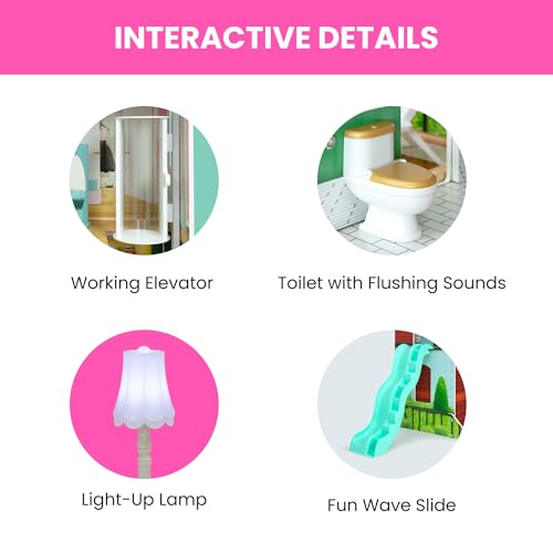 Delta Children Deluxe Maui Dollhouse - Large 4-Story Dollhouse with 12 Rooms Includes 50 Accessories - Working Elevator, Wave Slide, Lights/Sounds