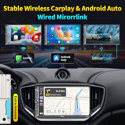 PLZ 7" Wireless Double Din Car Stereo Apple Car Play Radio Carplay Android Auto QLED Touch Screen, Bluetooth 5.3 Audio Receivers, 1080P Backup Camera
