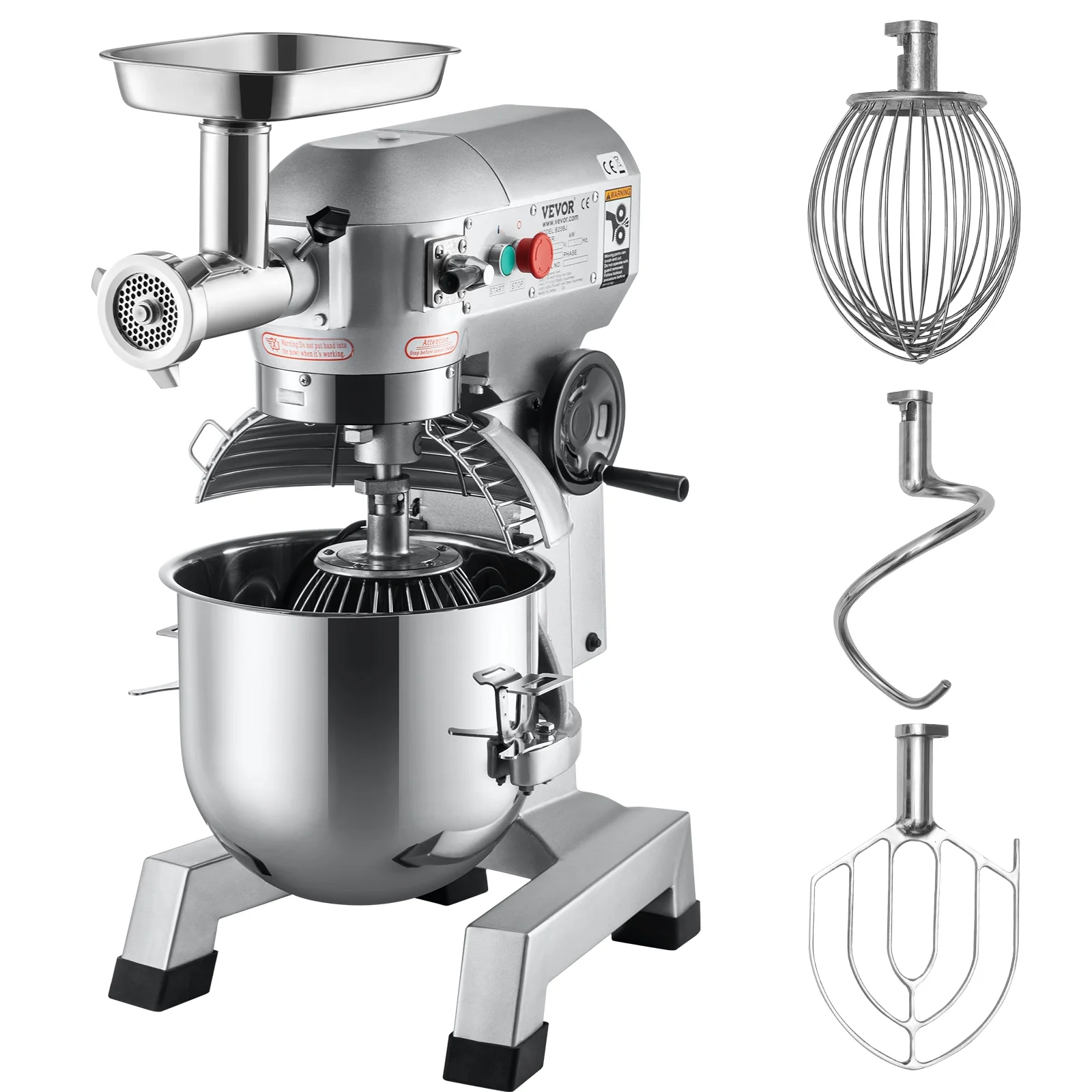 VEVORbrand Commercial Stand Mixer, 20Qt Stainless Steel Bowl, 1100W 2 in 1 Multifunctional Electric Food Mixer with Meat Grinder & 3 Speeds