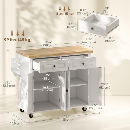 HOMCOM Kitchen Island on Wheels, Rolling Cart with Rubberwood Top, Spice Rack, Towel Rack and Drawers for Dining Room, Navy Blue