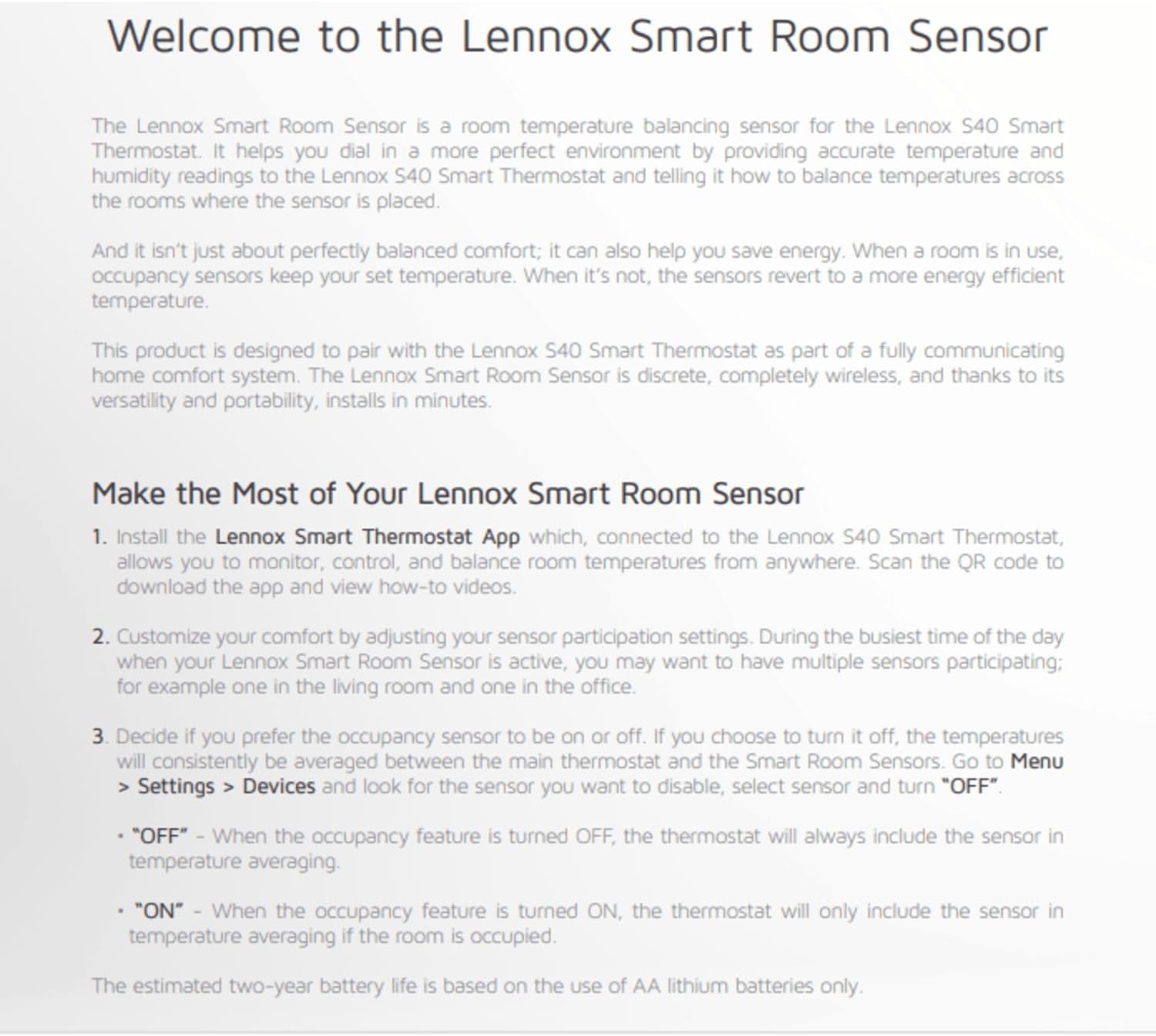 Lennox Smart Room Sensor 22V25 Wireless Sensor for S40 Thermostat - Smart Climate Control,Algorithmic Precision, 70ft Range, Efficient Battery, LED