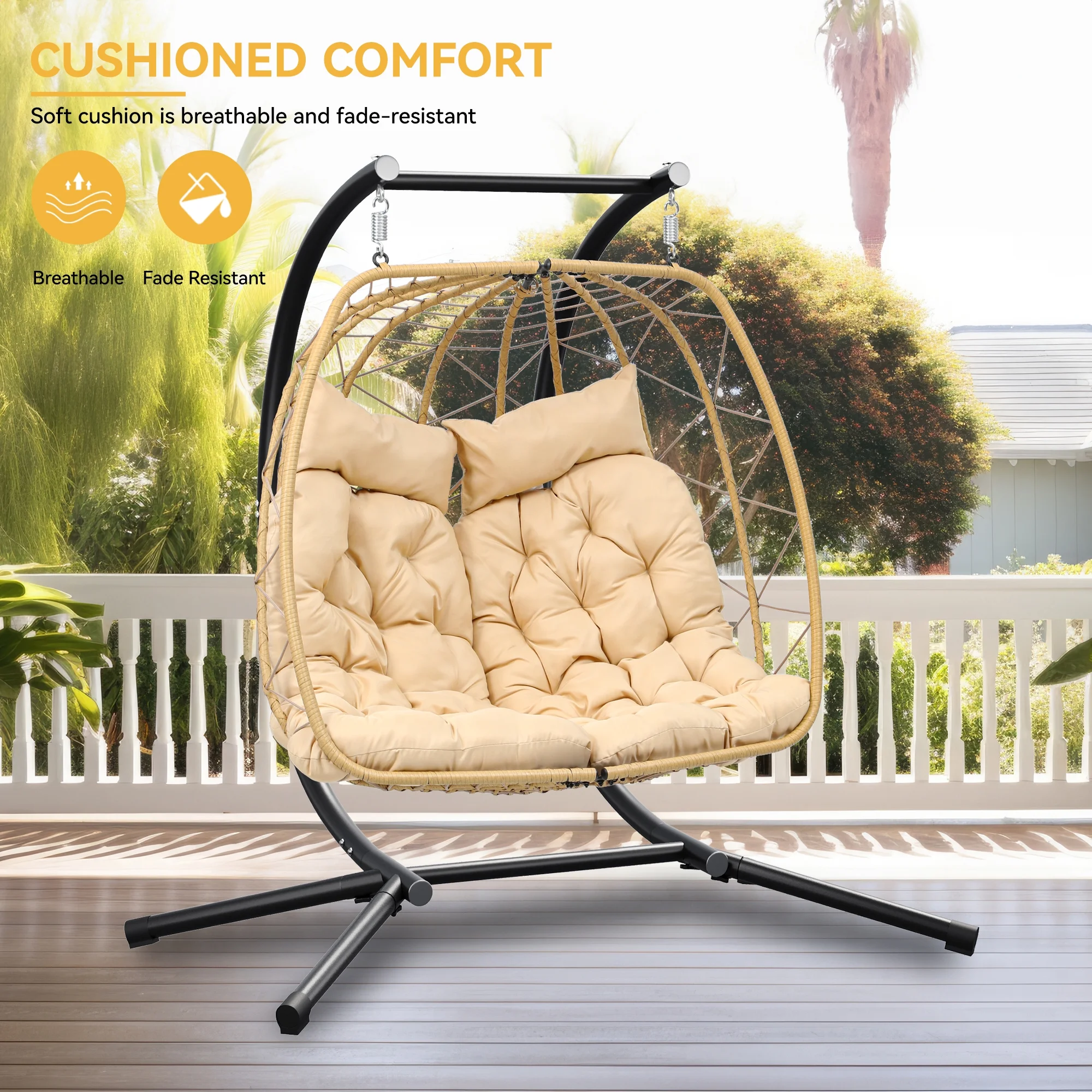 Dextrus Hanging Egg Swing Chair with Stand Double Egg Chair 2 Person Wicker Chair Indoor Outdoor Hammock Egg Chair with Cushions 500lbs for Patio