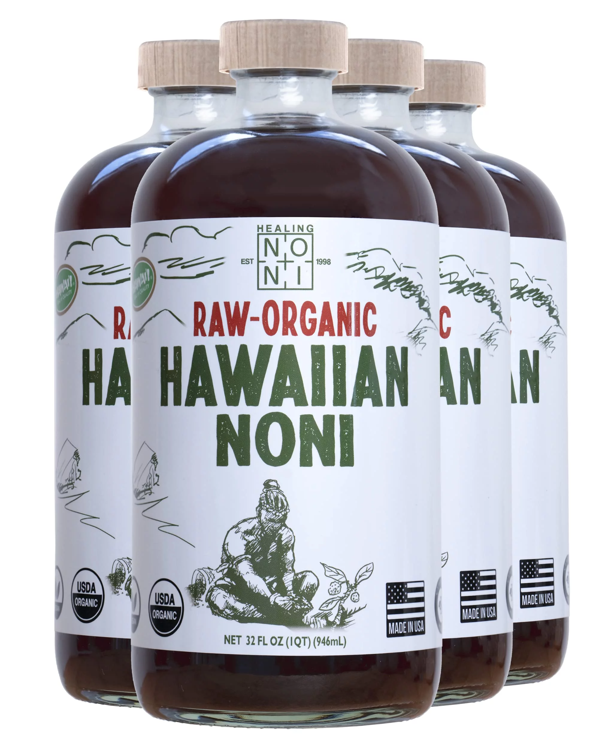 Healing Noni - Raw Organic Hawaiian Noni Juice - 4 Pack of 32oz Glass Bottles - Curated Treasures Market