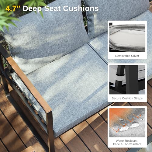EAST OAK Courtyard Patio Furniture Set, 4-Piece Outdoor Patio Set with Sofa, Removable & Washable Deep Seating Cushion, Tempered Glass Table