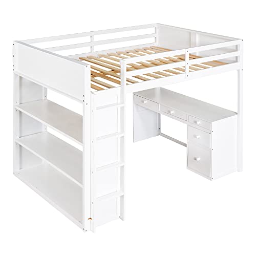 Harper & Bright Designs Full Size Loft Bed with Wardrobe and Desk, Solid Wood Loft Bed Frame with Storage, for Kids Teens Adults (Full Size, White)