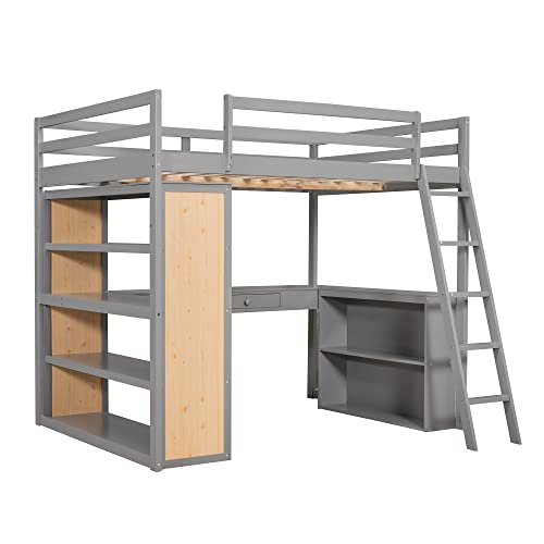 Twin Loft Bed with Staircase, Desk and Wardrobe, Wood Loft Bed with Storage Shelves and Safety Guardrail