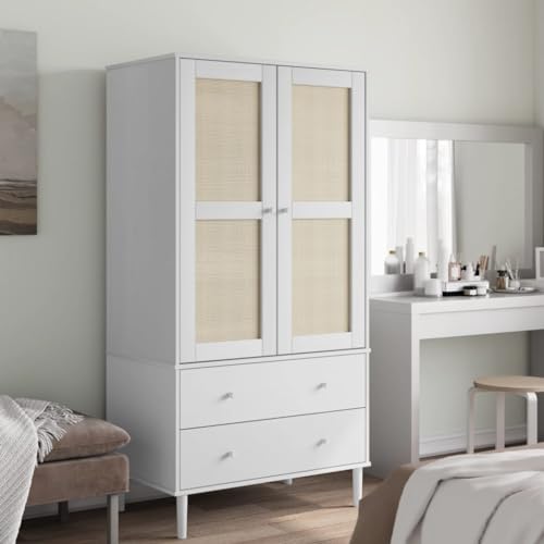 vidaXL Solid Pine Wood Wardrobe - White, Rattan Look Design, Spacious Drawers and Compartments, UV Varnish Finish