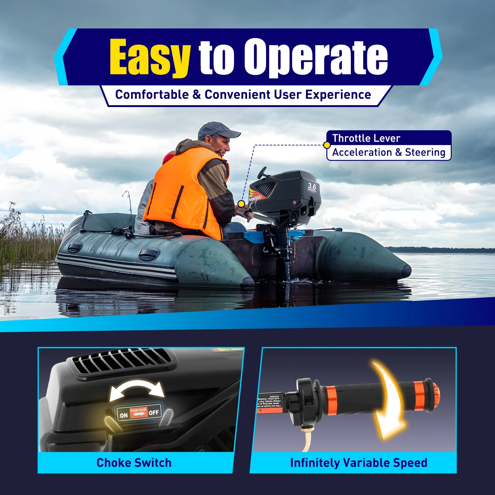 Miumaeov Outboard Motor 3.6HP 2-Stroke Single Cylinder Water Cooling Marine Propeller Fishing Boat Manual Start Outboard Engine for Kayak Yacht