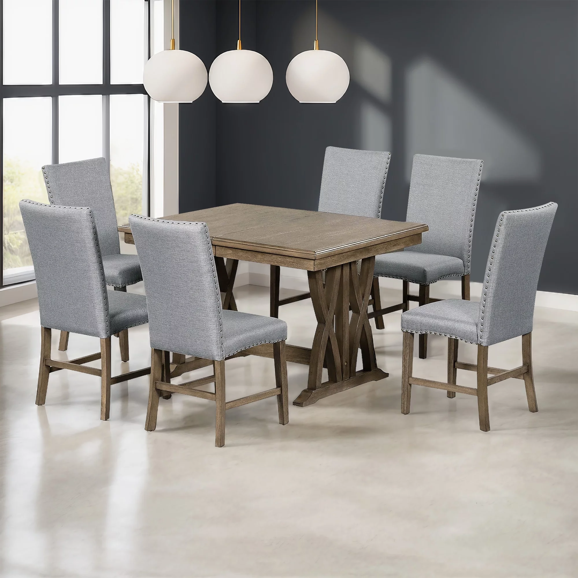 TOPMAX Mid-Century Solid Wood 7-Piece Dining Table Set Extendable Kitchen Table Set with Upholstered Chairs and 12" Leaf for 6
