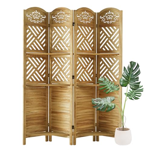Room Divider with Shelves, 5.75ft Tall Folding Wood Carved Screen with Double Hinges for Home Office Bedroom Hotel Decoration (6 Panels, Natural)