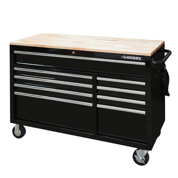 HuskyTool 46 in. W x 24.5 in. D 9-Drawer Gloss Black Deep Tool Chest Mobile Workbench with Hardwood Top and Power Station, Red, (H46MWC9V2PWR)