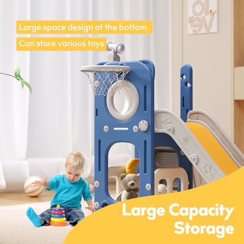 6 in 1 Toddler Playset with Slide, Kids Slide with Basketball Hoop, Ball, Ring Toss, Indoor Outdoor Toys (White Grey)