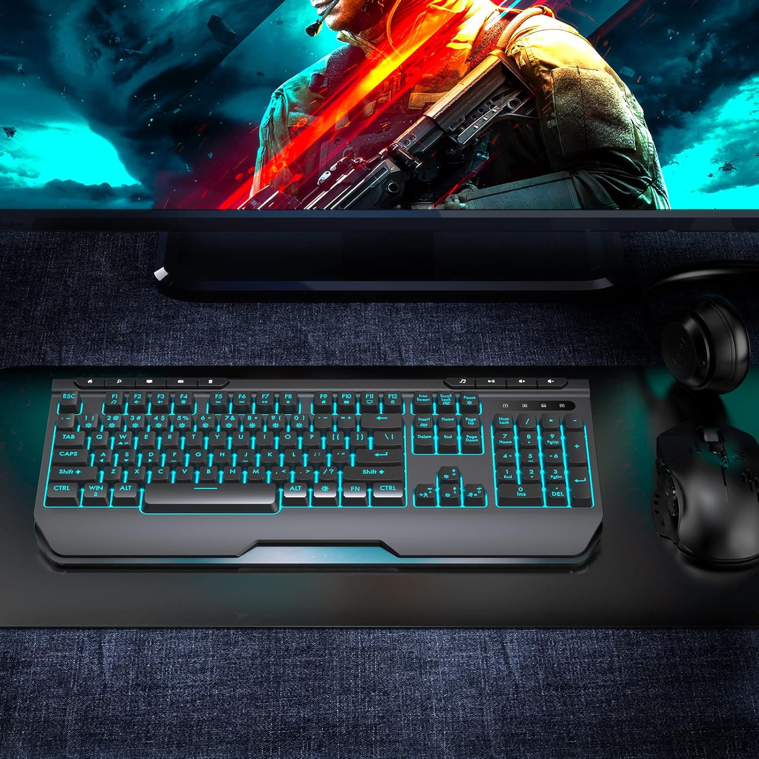 Gaming Keyboard, Qwecfly Wireless Gaming Keyboard, Rechargeable Backlit Keyboard, Wireless Wired Dual-Mode Quiet Keyboard with Ergonomic Wrist Rest
