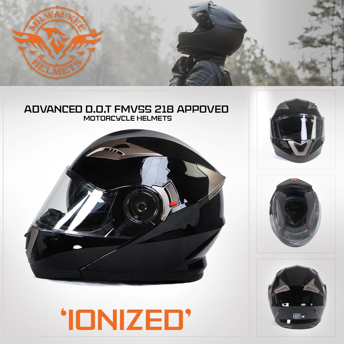 Milwaukee Helmets MPH9806DOT 'Ionized' Gloss Black Advanced Motorcycle Modular Helmet for Men and Women Biker w/ Drop Down Visor Medium
