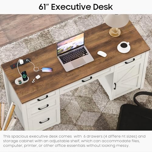 Farmhouse 61'' Executive Desk with 5 Drawers, Rustic Office Desk Computer Desk with Charging Station, File Drawers and Storage Cabinet