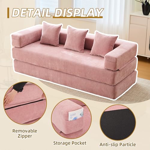 Convertible Sleeper Sofa Bed with Cylindrical Pillow, Corduroy Folding Mattress Couch with Fixed-Shape Frame