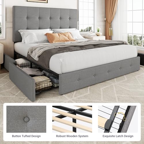 Allewie Upholstered Queen Size Platform Bed Frame with 4 Storage Drawers and Headboard, Square Stitched Button Tufted