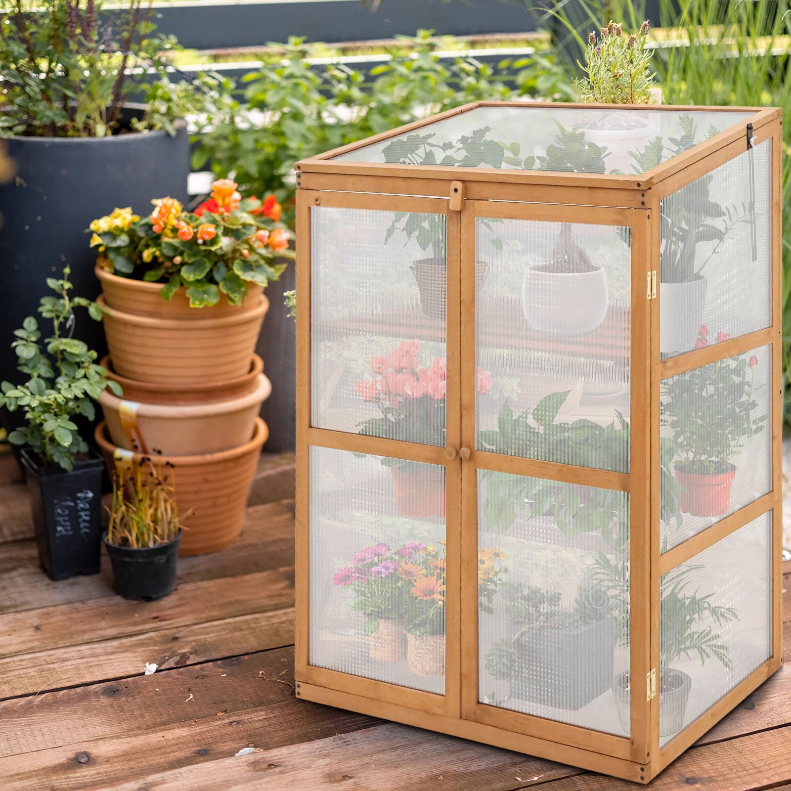 EAGLE PEAK Garden Cold Frame Greenhouse with Adjustable Shelves, 30.1x22.0x43.3in, Indoor & Outdoor Use, Wood Frame with PC Windows & Vented Roof