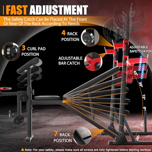 OPPSDECOR Professional Weight Bench Set with Barbell/Squat Rack, 900LBS Heavy Duty Bench Press Set with Leg Curl/Extension and Preacher Curl