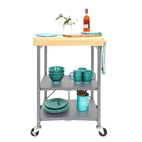 Origami Folding Kitchen Cart on Wheels, 3-Tier Foldable Rolling Cart - Chefs Outdoor Cart for Wine and Food, Microwave Cart, Plating Shelf