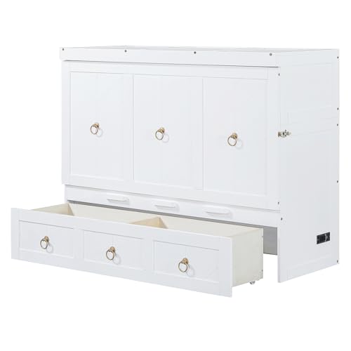 Harper & Bright Designs Full Size Murphy Bed Wall Bed, Solid Pine Murphy Bed Chest Cube Cabinet Bed with USB