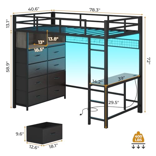 ADORNEVE Twin Size Loft Bed with Desk and 8 Storage Drawers, Metal Kids Loft Bed Twin with LED Lights & Charging Sation, Storage Shelves