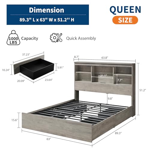 GarveeHome Full Size Bed Frame with High Storage Bookcase Headboard, Wood Bed Frame with 4 Storage Drawers, Built in Charging Station