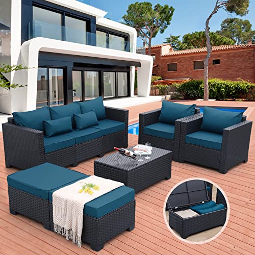 Rattaner Patio Wicker Furniture Set 6 Pieces Outdoor HDPE Wicker Conversation Couch Sectional Chair Sofa Set with Grey Cushions