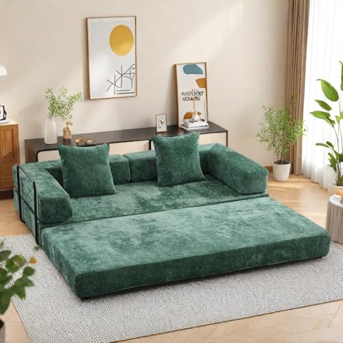 Compression Floor Sofa Bed, Convertible Foldable Sofa with Support Backrest and Armrest, Corduroy Fabric Modular Sectional Couch with 2 Pillows