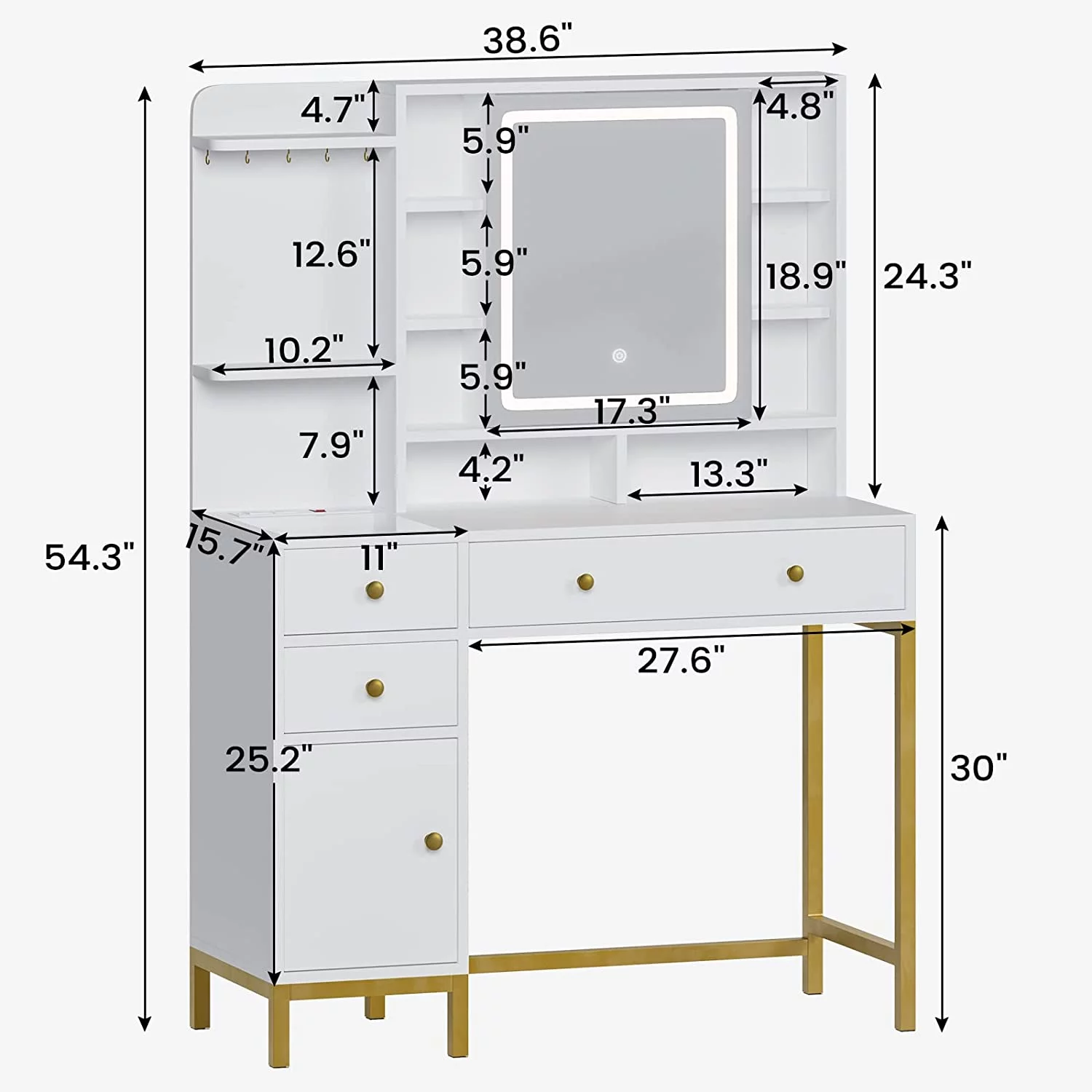 Vanity Table with Charging Station, Makeup Desk with Lights in 3 Colors, White - Radiant Selections