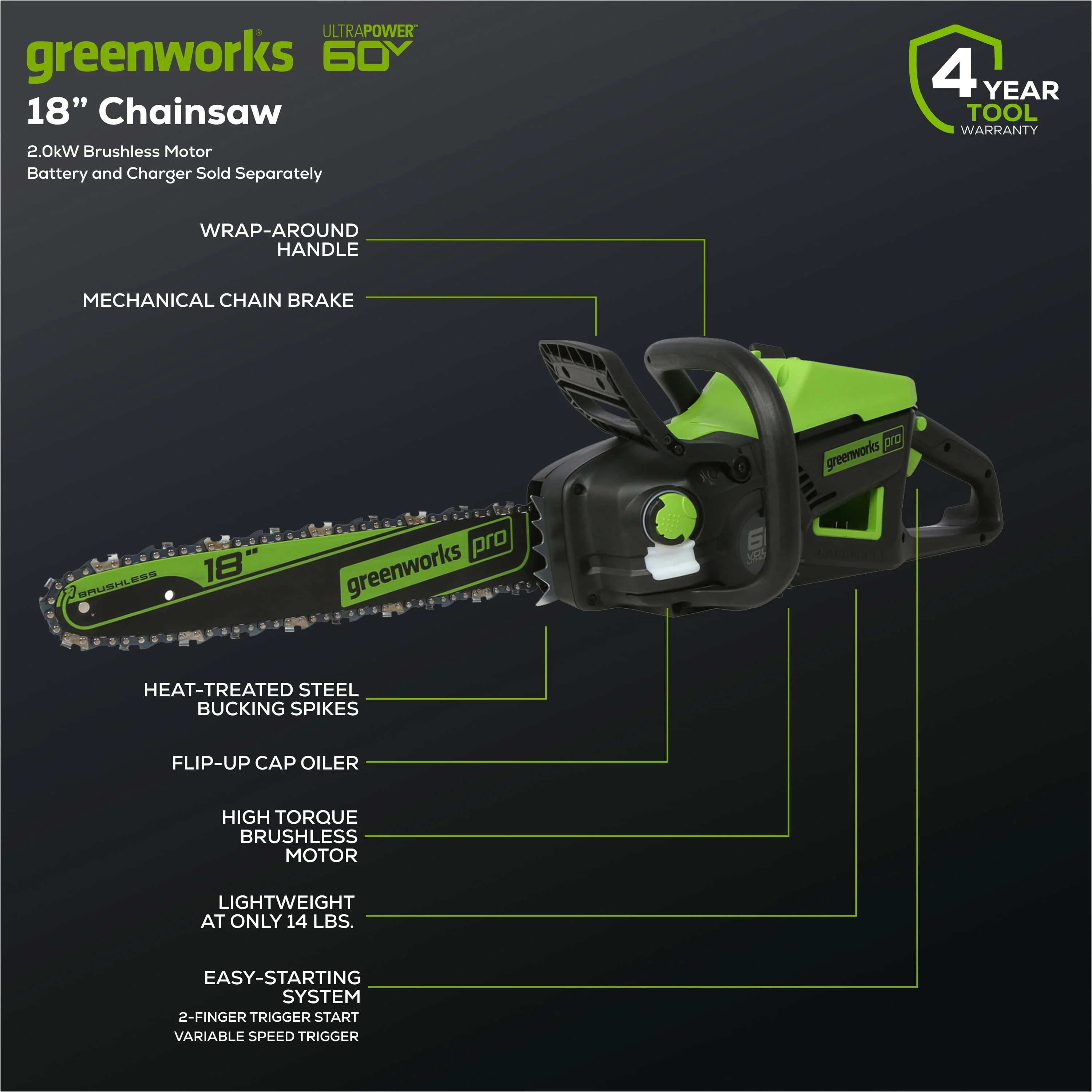 Greenworks 60V 18 Battery Powered Cordless Chainsaw, Tool Only 2019302T