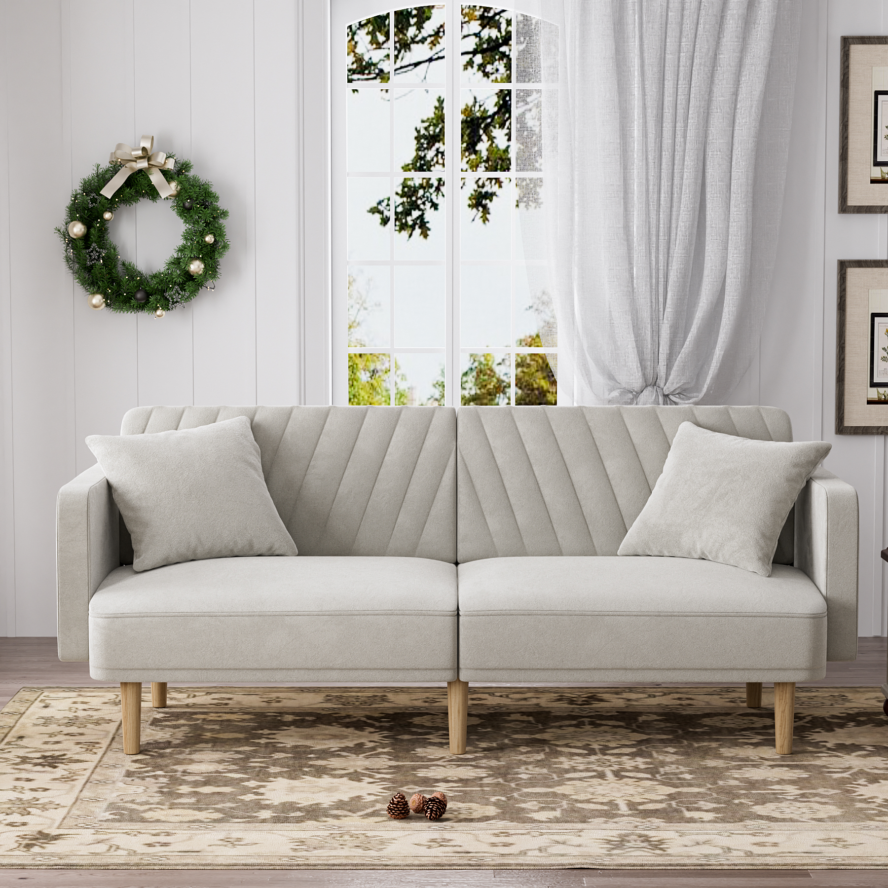 Rophefx Upholstered Tufted Velvet Futon Sofa Bed with 2 Pillows, Modern Convertible Futon Couch with 3 Adjustable Backrest Angles for Apartment