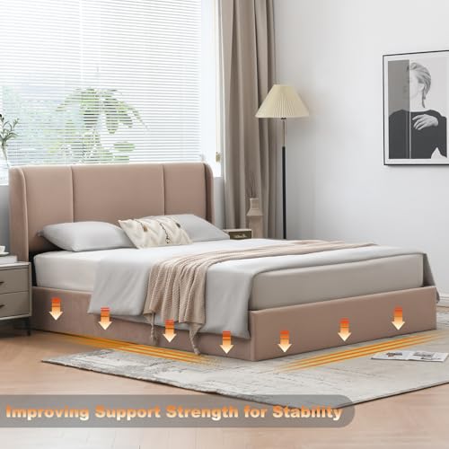 VELOCAVA Queen Size Lift Up Storage Bed with Modern Wingback Headboard, Upholstered Platform Bed with Fabric with Hydraulic Support Bars