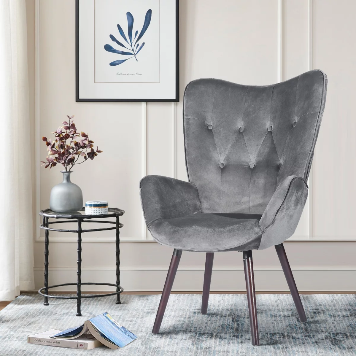 HouseInBox Velvet Accent Chair for Living Room, Gray Wing Back Armchair Tufted Back Upholstery Living Room Chairs