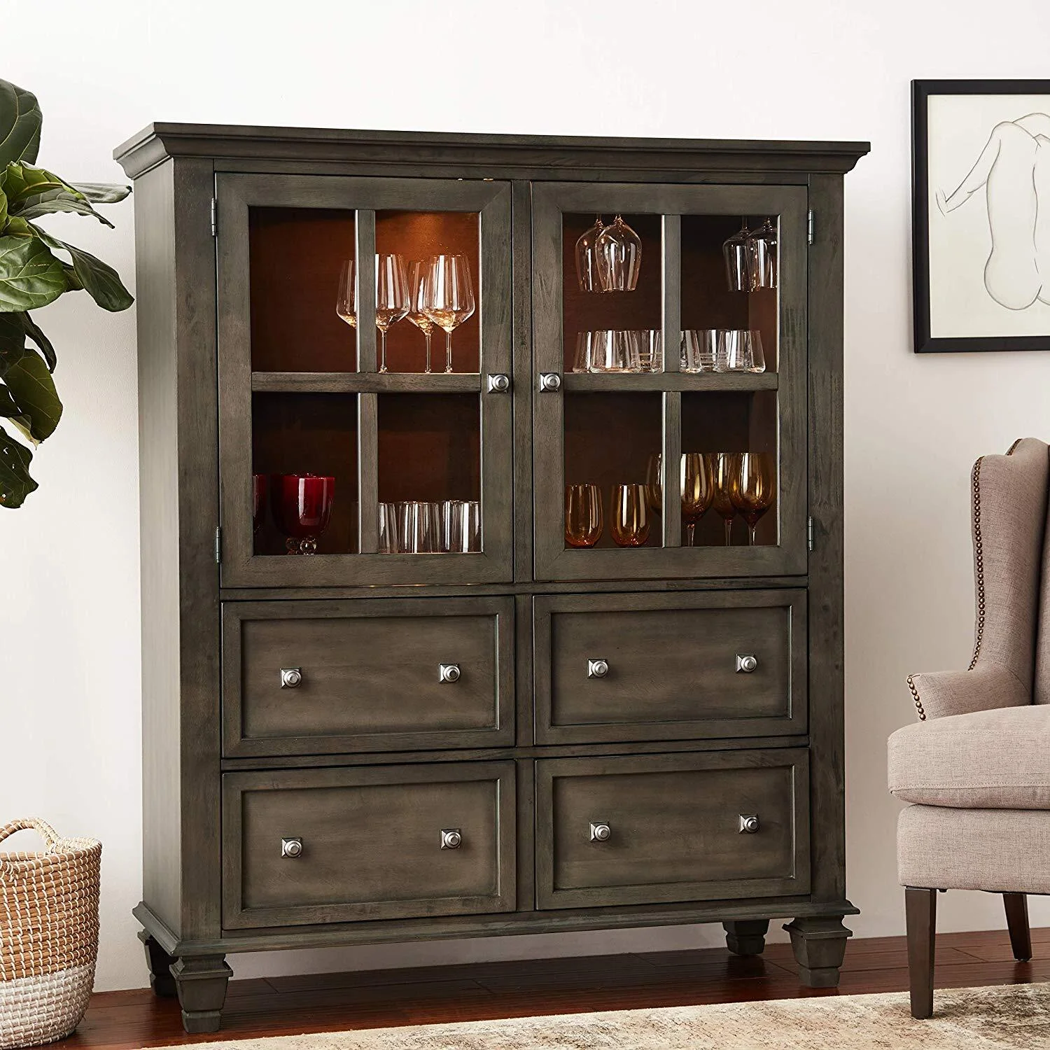 Sunset Trading Shades of Gray Large 4-Drawer Wood Lighted China Cabinet in Gray