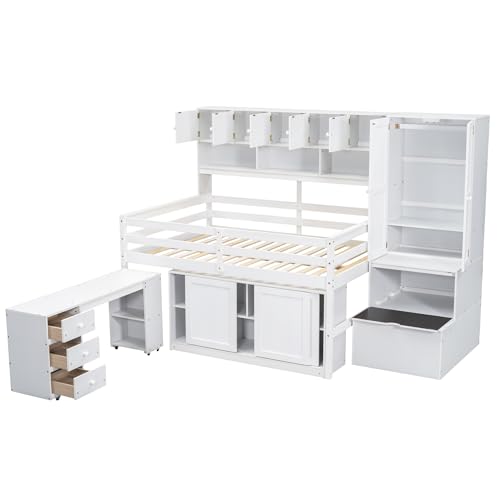 Harper & Bright Designs Full Size Loft Bed with Wardrobe, Wooden Full Loft Bed Frame Big Storage with Under-Bed Desk, Drawers and Shelves, Gray