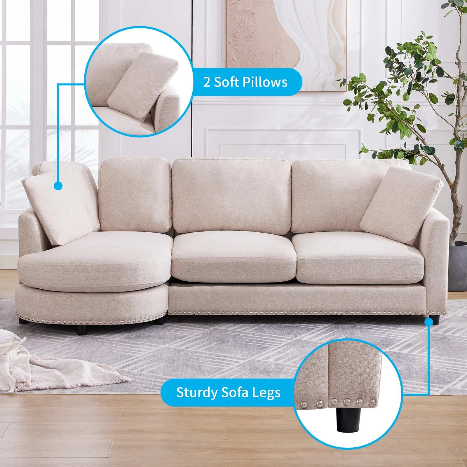 Puremind Sectional Sofa Couch with Chaise, Upholstered Curved Couch for Living Room/Apartment(Beige)