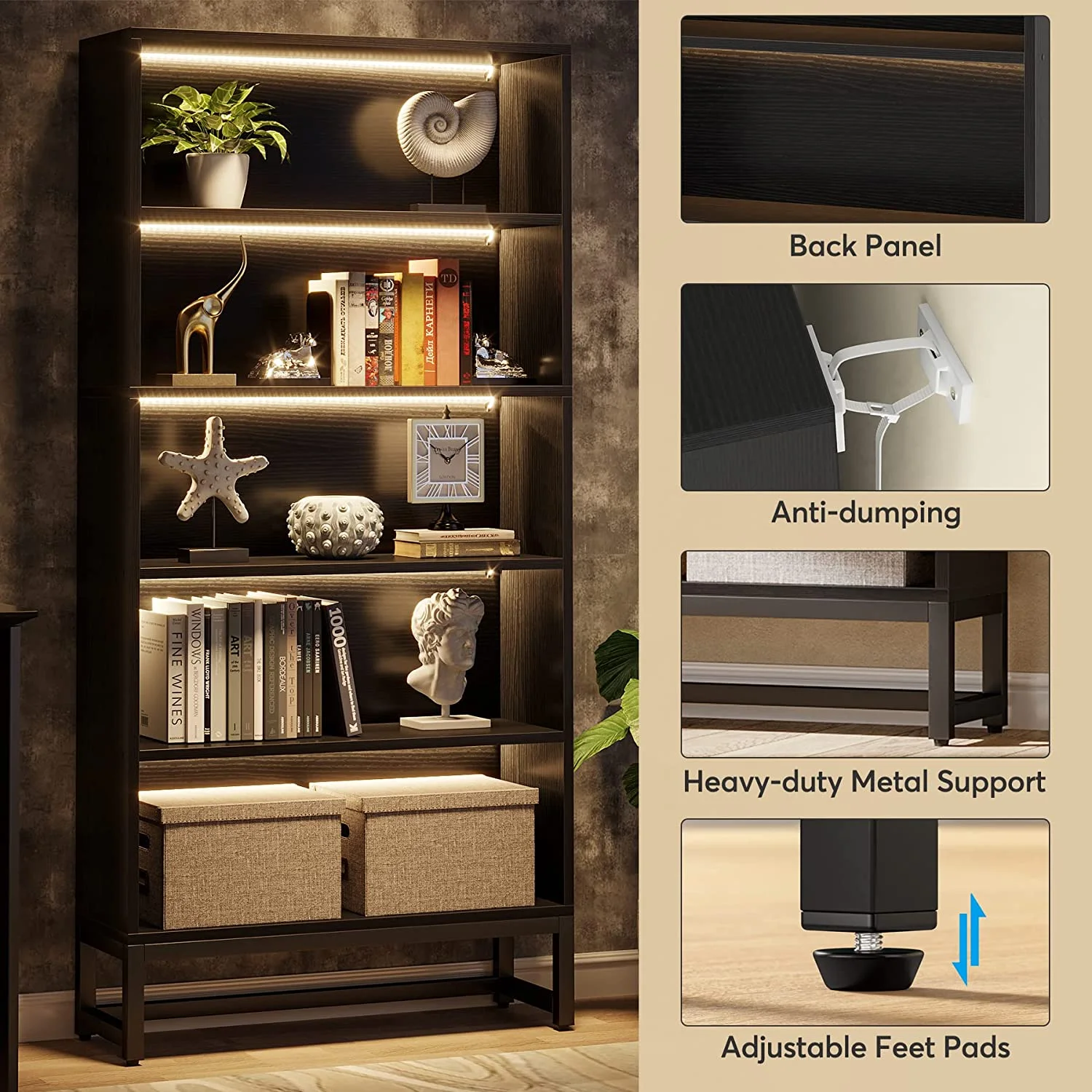 Tribesigns 5 Shelf Bookcase with Led Lights, Freestanding Display Organizer Shelving Unit for Home Office, Black