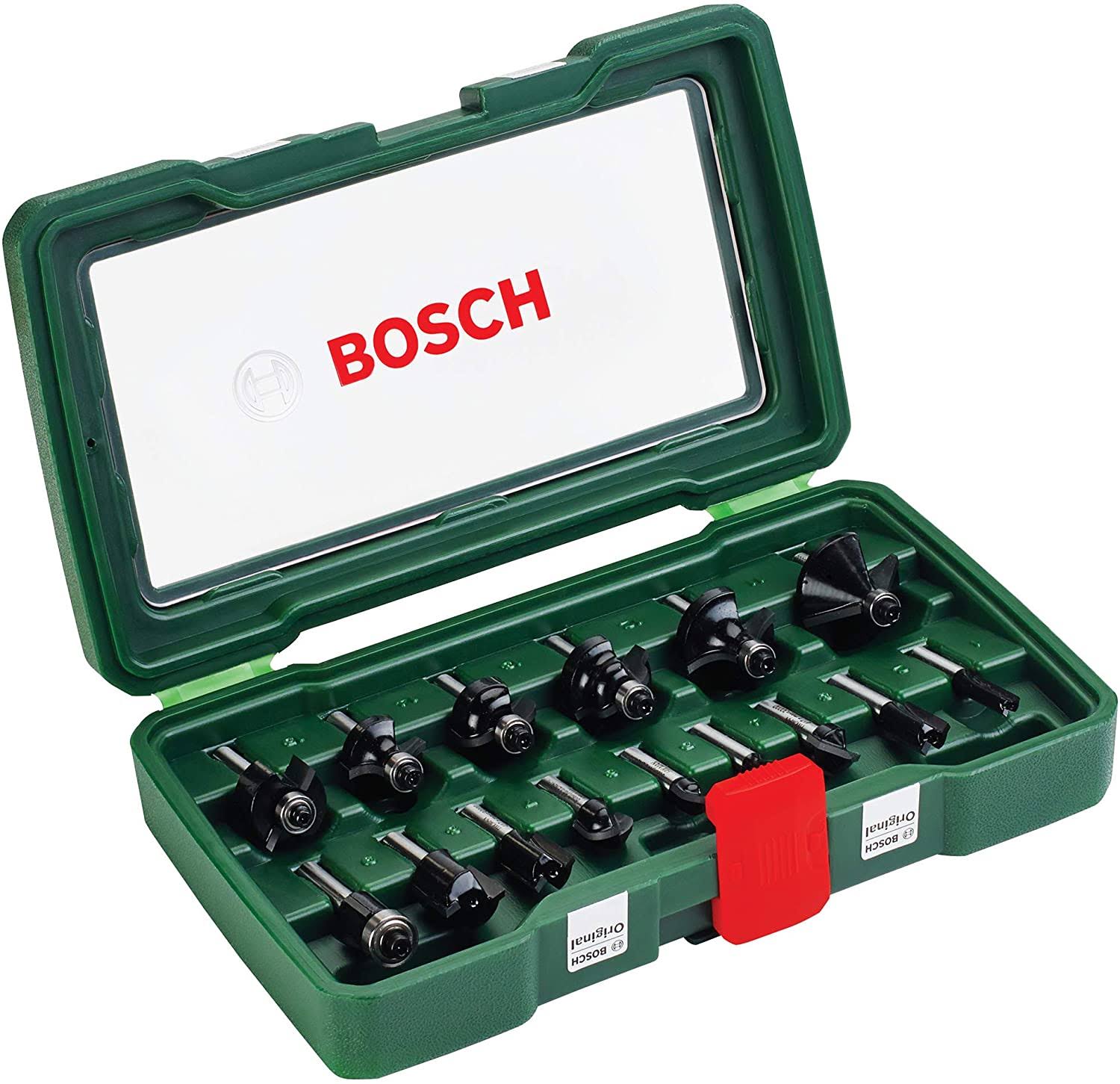 Bosch 2607019468 15-Piece Carbide Router Bit Set (FOR Wood, 1/4-Inch Shank, Accessories for Routers), Silver/Black