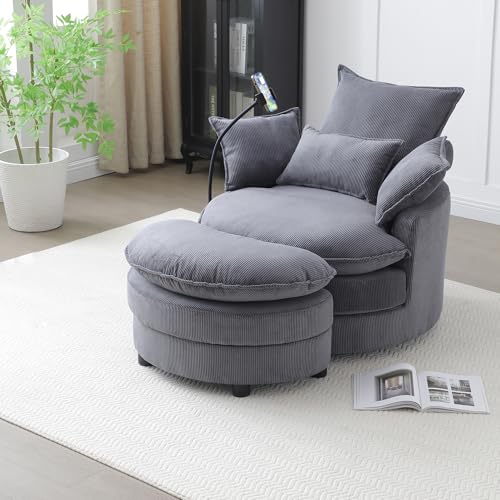 360 Swivel Accent Barrel Chair with Storage Ottoman & Headrest