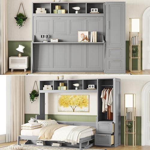 Harper & Bright Designs Queen Size Murphy Bed Wall Bed with Closet and Storage Drawers