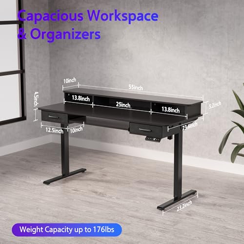 48x24 Inches Electric Standing Desk with 2 Drawers, Height Adjustable Stand up Desk for Home Office, Ergonomic Sit to Stand Table with Storage Shelf