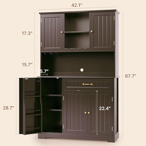 Gizoon 67.7" Kitchen Pantry Cabinet with Microwave Shelf Tall Coffee Bar Cabinet with Storage Kitchen Hutch with Countertop for Dining Room and Craft