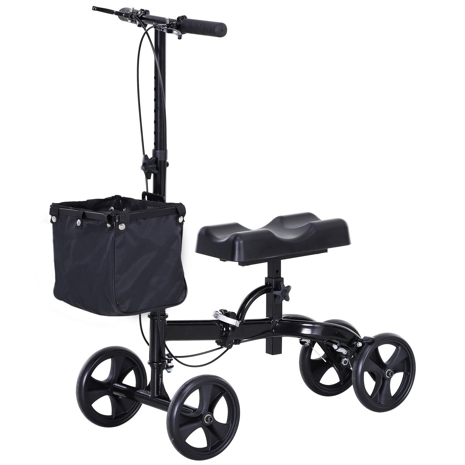 HOMCOM Medical Foldable Steerable Leg Knee Walker Scooter with Basket Attachment, Size: 14.25, Black