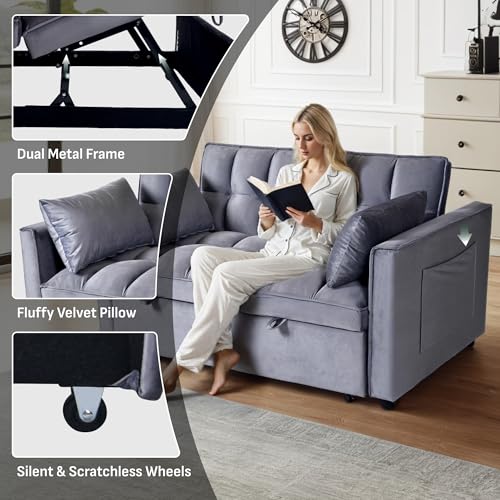 FLEXISPOT XCT4 Convertible Sofa Bed, 3-in-1 Loveseat Sofa Couch with Adjustable Backrest, Pull Out Couch with 2 Pillows & 2 Side Pockets