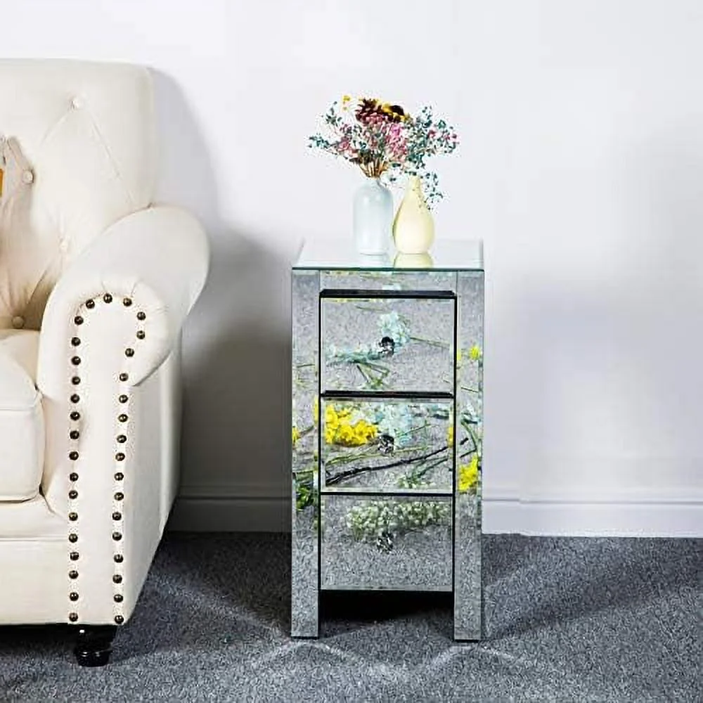 RUNFAYBIU Mirrored Nightstand  Mirrored End Table with 3 Drawers and Crystal-Style Knobs   Mirrored Bedside Table for Bedroom  Living Room  Small