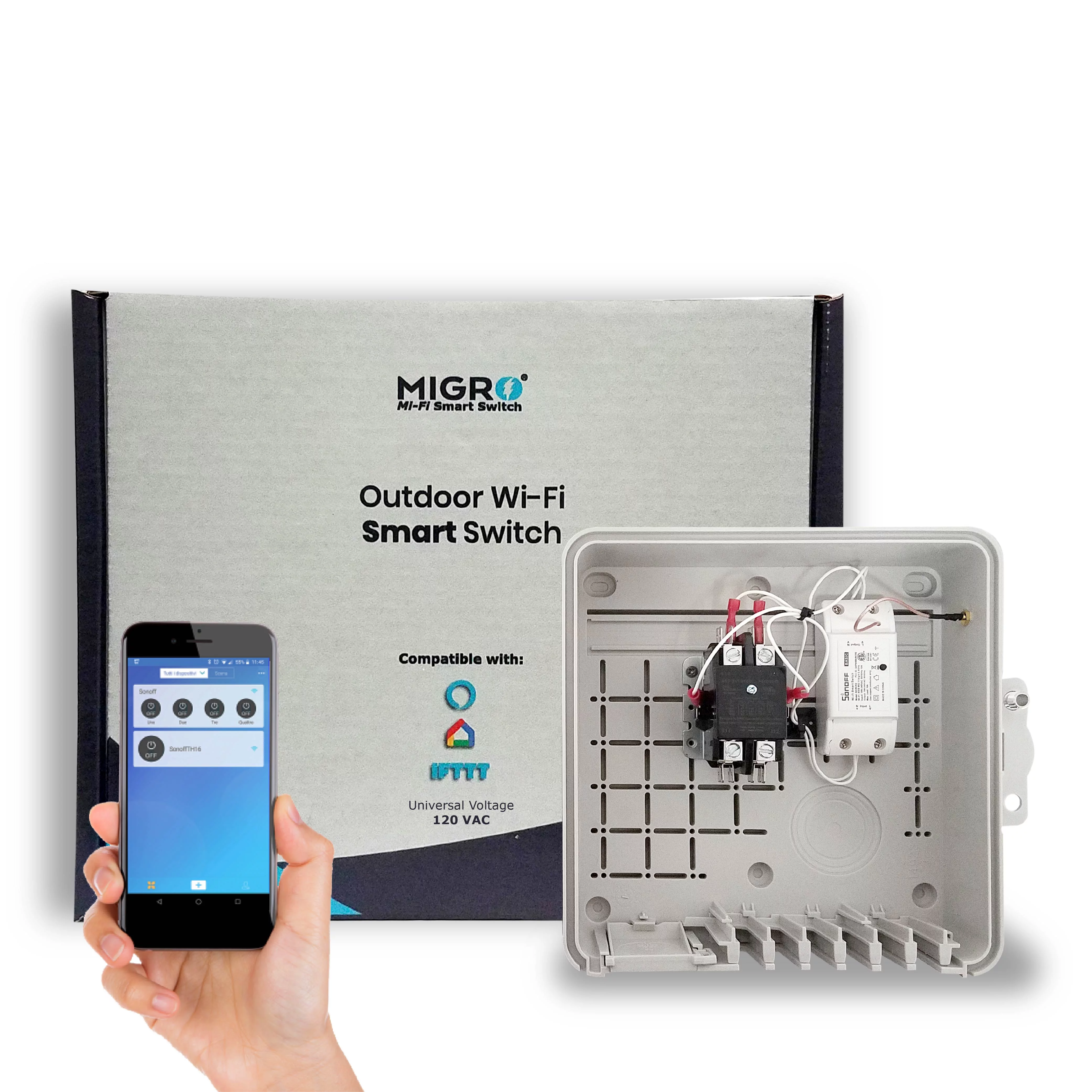 MIGRO Outdoor Smart Wi-Fi Outlet Box, Heavy Duty 50A Resistive 120VAC 40A 5HP Wireless Pump Control Timer Switch, Compatible with Smart Phone, Alexa