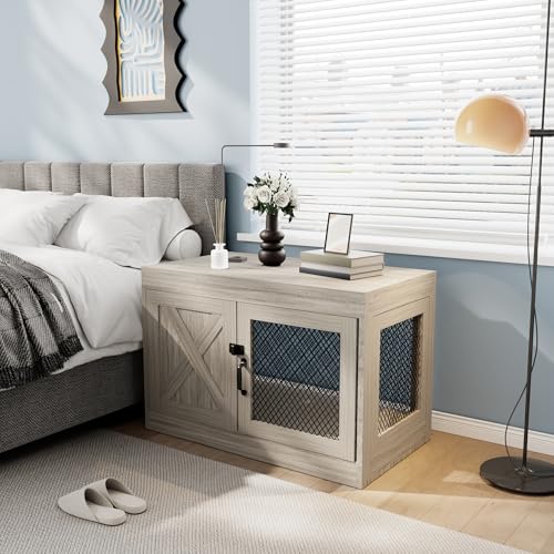 Xilingol Corner Dog Crate Furniture with Double Doors, 36 Inch Wooden Dog Kennel End Table Indoor with Mesh, Cage/House for Small Medium Large Dog